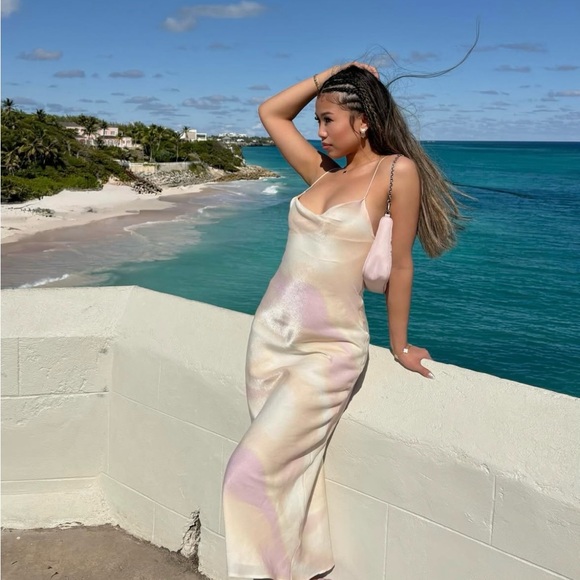 Zara maxi long satin foil effect cowl neck body on casual summer vacation dress - Picture 5 of 16